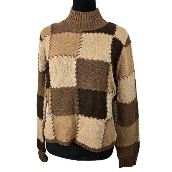 Harolds Linen Cotton Mock Neck Patchwork Sweater Cropped Brown Retro MED 70s Hip - Picture 1 of 11